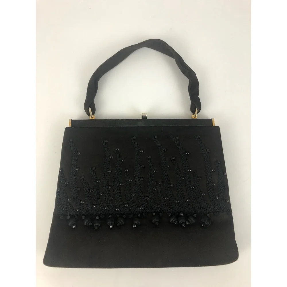 Vintage 50's/60's Beaded Fringe Purse Evening Bag Chocolate Brown & Black Spain
